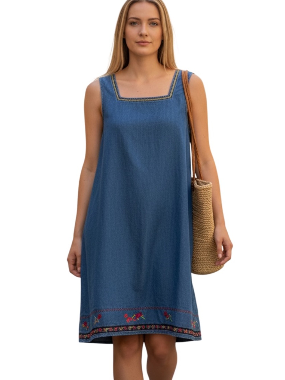 Studio Ease Casual Blue Embroidered Sleeveless Midi Dress